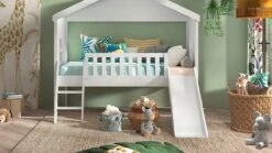 Halfhoogslaper HuisBed Met Glijbaan -Beddengoed Korting Winkel Halfhoogslaper HuisBed met glijbaan wit 1